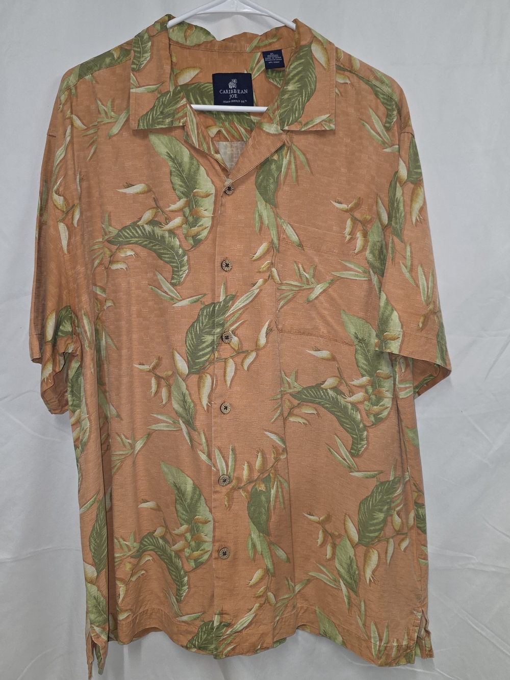 Caribbean Joe Orange Green Tropical Print Short Sleeve Button-Down Shirt